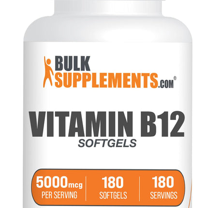 BulkSupplements.com Vitamin B12 5000 mcg Softgels - Cyanocobalamin, Vitamin B Supplements, B12 Vitamins Pills - Gluten Free, 1 Vitamin B12 Softgel per Serving, 180-Day Supply, 180 Softgels