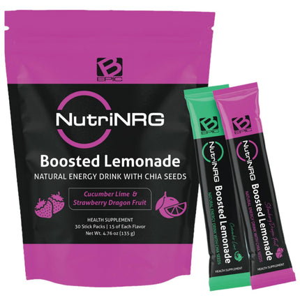 B-Epic NutriNRG Natural Energy Lemonade - Sugar-Free, Low-Calorie Energy Drink Infused with Chia Seeds for Cognitive Performance - Natural Energy Powder in Lemonade Flavor - Includes 30 Powder Sticks