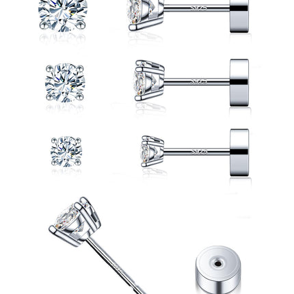 3 Pairs Moissanite Flatback Stud Earrings for Women, 925 Sterling Silver Hypoallergenic Flat Back Cartilage Earrings Set, 18K White Gold Plated (3,4,5mm)
