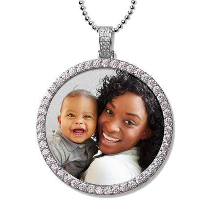 XL Photo Engraved Cubic Zirconia Pendant Necklace (Stainless Steel)
