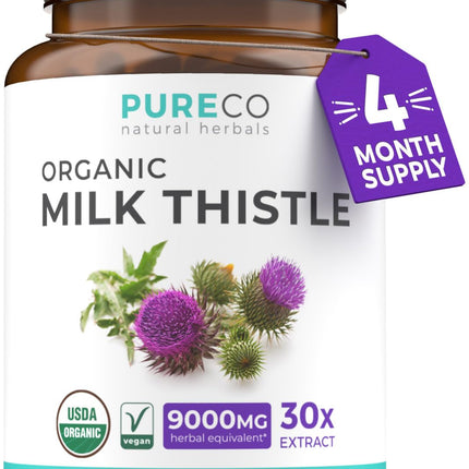 PURE CO USDA Organic Milk Thistle Capsules - 80% Silymarin Supplement for Liver Support- Super Concentrated 300mg of 30:1 Milk Thistle Extract Liver Detox 120 Day Supply