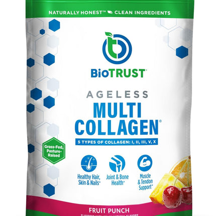 BioTrust Ageless Multi Collagen Peptides Powder - 5 Types (I, II, III, V, X) - Fruit Punch Collagen Powder for Women & Men - Hydrolyzed Protein - Grass Fed Beef, Fish, Chicken, Eggshell Membrane