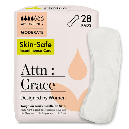 Attn: Grace Moderate Incontinence Pads for Women, 28-Pack - Plant-Based, High Absorbency, Breathable - Incontinence Pads for Moderate Bladder Leaks & Sensitive Skin