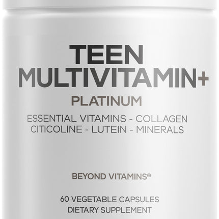 Codeage Teen Multivitamin+ Platinum Supplement - Vitamins A, C, D3, E, B6, B12, Minerals, Probiotics, Citicoline, Collagen, Bone Broth, Folate, Biotin, Lutein, Zeaxanthin - Non-GMO - 60 Capsules