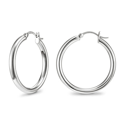 SWEETV Sterling Silver Post Earrings Chunky Hoop Earrings for Women 25MM Polished Huggie Earrings for Sensitive Ears