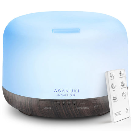 ASAKUKI Essential Oil Diffuser for Home, 500ML Aromatherapy Diffuser Humidifier with Remote Control, 7 Color LED Lights, Quiet Cool Mist Diffuser for Bedroom, Office, Gift for Mom (Dark Brown)