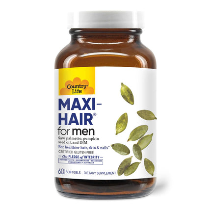 Country Life Maxi-Hair for Men - 2000mcg Biotin, Saw Palmetto, Pumpkin Seed Oil, DIM, Potassium, Magnesium, Calcium & Zinc Blend - Supports Healthier Hair, Scalp, Skin & Nails, 60 Vegan Capsules