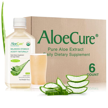 AloeCure USDA Organic Aloe Vera Juice Made Within 12 Hrs of Harvest - Pure Aloe Juice Natural Digestive Supplement to Support Digestion, Immune System and Balanced Stomach Acidity, 6 x 500ml Bottles