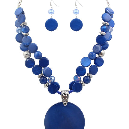 Xalroco Blue Layered Beads Statement Necklace for Women Big Colorful Glass Stone Circle Shell Pendant Necklace and Earring Set for Women