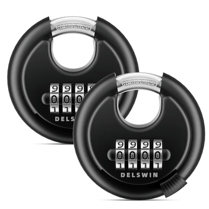 DELSWIN 4-Digit Disc Combination Lock Outdoor - Heavy Duty Combination Padlocks with Hardened Steel Shackle Weatherproof Combo Locks for Gates,Sheds,Fence,Storage Unit (3/8" Shackle, Black,2 Pcs)