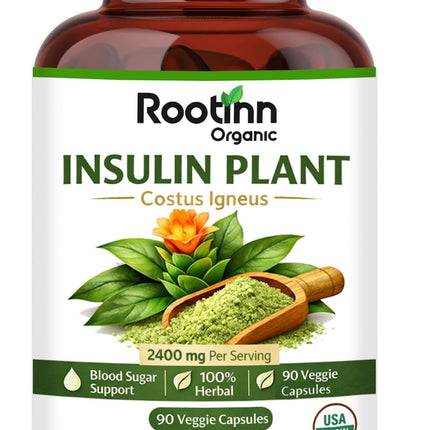 Rootinn Organic Insulin Plant Capsules - 2400mg Costus Igneus Leaf Powder with No Binders, Fillers & Gluten - Vegan, Non GMO Supplements for Women & Men (90 Capsules (Pack of 1))