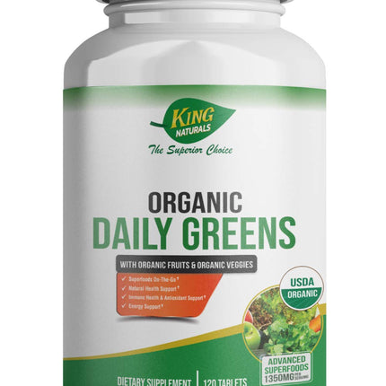 King Naturals Organic Daily Greens with Organic Fruits & Veggies – USDA Certified, Non-GMO, Vegan – Superfoods On-The-Go Tablets for Immune Support, Antioxidants & Energy