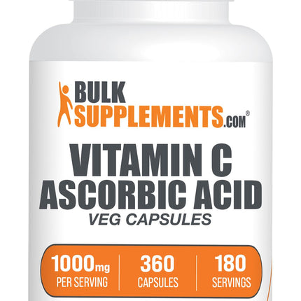 BulkSupplements.com Ascorbic Acid Capsules - Ascorbic Acid Vitamin C 1000mg, Vitamin C Supplement - Vegan & Gluten Free, 2 Capsules per Serving, 360 Count (Pack of 1)