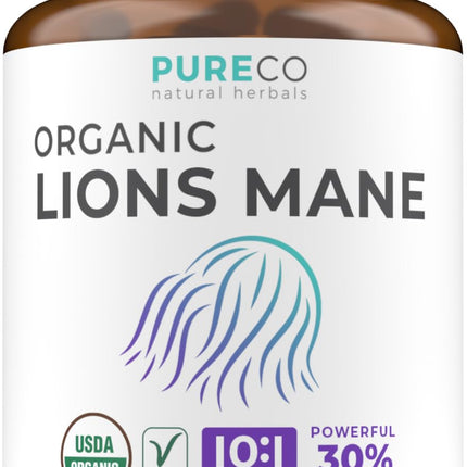 PURE CO Organic Lions Mane Supplement Capsules - USDA Organic Mushroom Supplement Capsules with 1000mg Lion's Mane 10:1 Extract per Serving with 30% Polysaccharides - Vegan & Non-GMO (1 Month Supply)