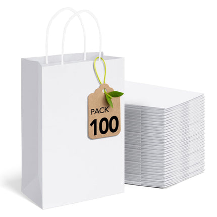 MESHA Paper Gift Bags 5.25x3.75x8 White Small Paper Bags with Handles Bulk,100 Pcs Kraft Paper Bag for Small Business,Birthday Wedding Party Favor Bag,Paper Shopping Bag