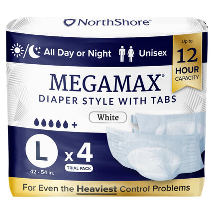 NorthShore MegaMax 12-Hour HBL Adult Diapers for Heavy Bladder Leaks, Large, 4 Count, White, 42-54 inches, Tab-Style Incontinence Underwear for Men, Women & Teens