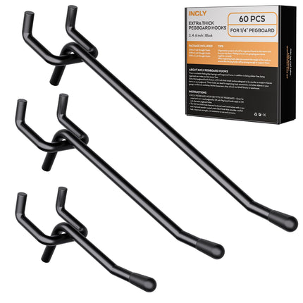 INCLY 60 Pack 2/4/6 Inch Black Pegboard Hooks, 1/4" Heavy Duty