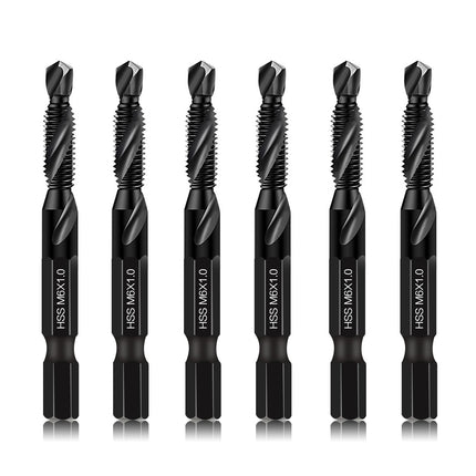 DKIBBITH 6 Packs M6 Combination Drill & Taps Bit Set, Screw Threading Tapping Tools in Size M6*1.0 with Anti-Rust Black Coating, 1/4" Hex Shank and Storage Case