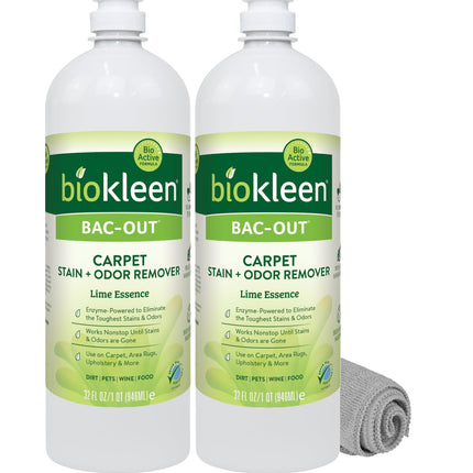 Biokleen Bac-Out Enzymatic Stain & Odor Remover for Carpet - Removes Stains and odors caused by dirt, pet accidents, wine, food, smoke - 2 Pack 32 oz w/Micro Cleaning Towel