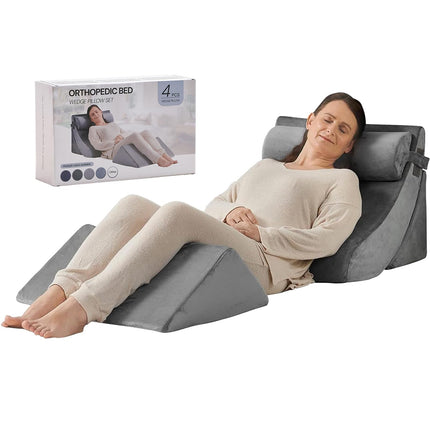 Axelrod 4PCS Orthopedic Bed Wedge Pillow Set, Post Surgery Foam for Back, Neck and Leg Pain Relief Comfortable & Adjustable Ortho Pillows- Anti Snoring, Heartburn, Acid Reflux & GERD Sleeping Grey