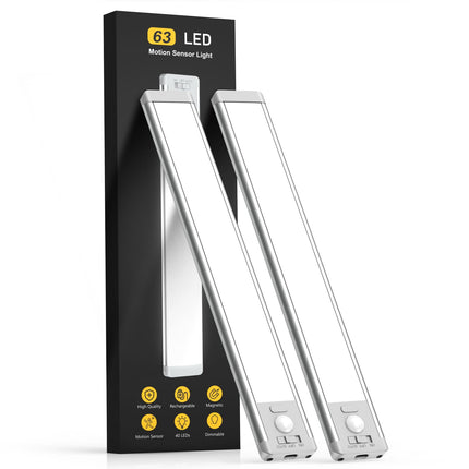 Under Cabinet Lighting, 14.7" Rechargeable Motion Sensor Light Indoor, 2 Pack Magnetic Dimmable Closet Lights, Wireless Under Counter Lights for Kitchen, Stairs,Hallway
