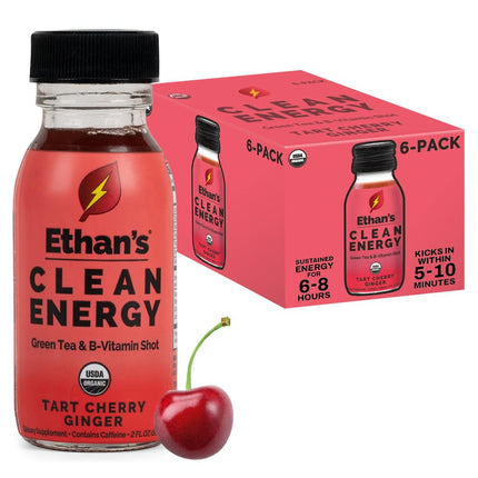 Ethan's Organic Clean Energy Shots Tart Cherry Ginger, 6 Pack of 2oz | 150mg Caffeine | Green Tea, Guayusa, Lion's Mane & Cordyceps | Sugar-Free, Vegan, Gluten-Free, USDA Organic