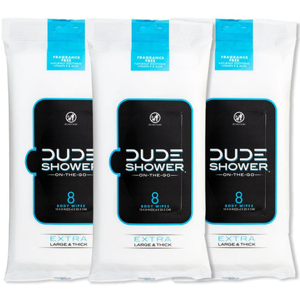 DUDE Wipes Fragrance Free On-The-Go Shower Wipes - Extra-Large and Thick Cleansing Body Wipes for Travel - 3 Packs of 8 (24 Count) - Infused with Vitamin E and Aloe
