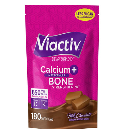 Viactiv Calcium + Vitamin D Supplement Soft Chews for Women & Men - Chewable Calcium for Bone Health Support, 650 mg per Serving, Vitamin D & K for High Absorption - 180 Count, Milk Chocolate