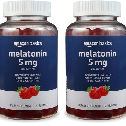 Amazon Basics Melatonin 5mg, Strawberry (Previously Solimo) 120 Gummies (2 per Serving) (Pack of 2)