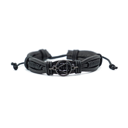 Adjustable Black Leather AA Bracelet with Alcoholics Anonymous Charm