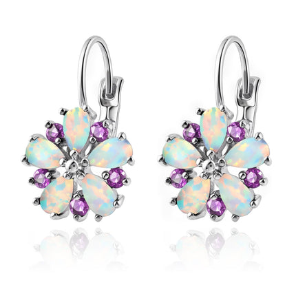 Elaximn Vintage Silver Flower Opal Earrings