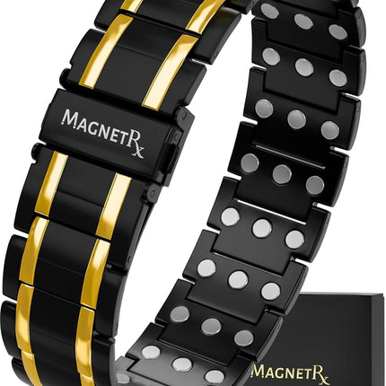 MagnetRX® 3X Strength Titanium Magnetic Bracelet – Magnetic Bracelets for Men – Premium Fold-Over Clasp and Adjustable Length with Sizing Tool (Black/Gold)