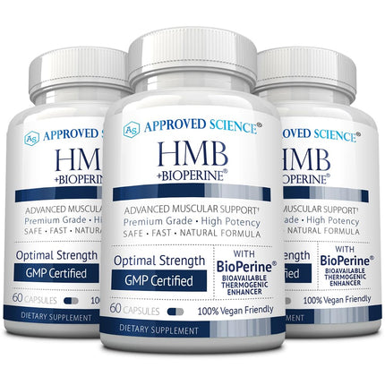 Approved Science HMB - 1500mg High Potency HMB Supplement with Calcium & BioPerine for Absorption - Muscle Health & Exercise Performance - 60 Vegan Capsules - Pack of 3