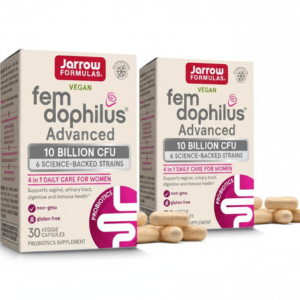 Jarrow Formulas Fem-Dophilus Advanced Vaginal & Digestive Probiotics 10 Billion CFU, for Vaginal, Urinary Tract, Digestive & Immune Support, 30 Capsules (Pack of 2)
