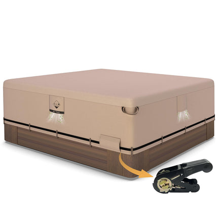 Qh.home IP65 Waterproof Hot Tub Cover, Wind & UV Resistant 600D Polyester 85x85 Spa Cover for Hot Tub, with Ratchet Strap System, Fits 84x84,83x83,82x82,81x81,7 ft x 7 ft Square SPA,Wheat