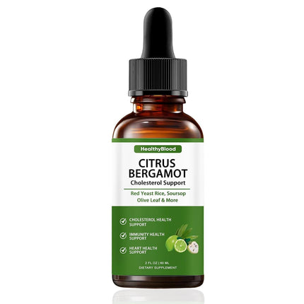 HEALTHYBLOOD Citrus Bergamot Liquid Drops, Botanical Blend with Citrus Bergamot, Red Yeast Rice, Garlic & Olive Leaf Formula, Natural, Non-GMO, Vegan, 2 fl oz
