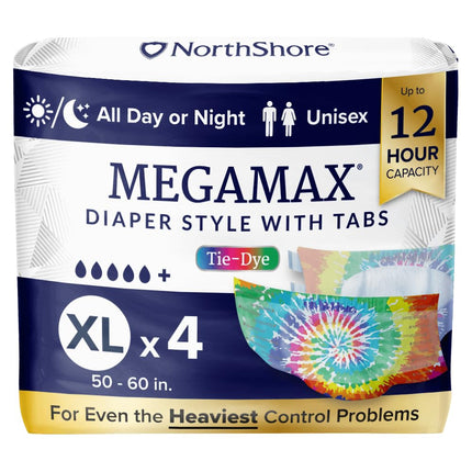 NorthShore MegaMax 12-Hour HBL Adult Diapers for Heavy Bladder Leaks, X-Large, 4 Count, Tie-Dye, 50-60 inches, Tab-Style Incontinence Underwear for Men, Women & Teens
