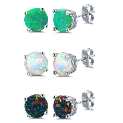 Barzel 18K White Gold Plated Black, White & Green Created Opal Stud Earrings 3 Pack Set, 6MM (Multicolor)