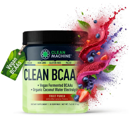 Clean BCAA - 2:1:1 Food Sourced BCAAs Powder & Coconut Water Electrolytes Recovery & Amino Energy Supplement - Award Winning Vegan Amino Acid Supplement - 30 Servings (30, Fruit Punch)