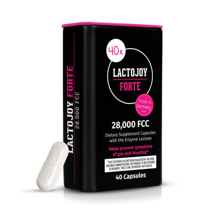 LactoJoy Forte 28,000 FCC – Lactase Capsules with 6h Depot Effect – 40 Vegan Capsules – Fast-Acting Long-Lasting Lactase – No Additives – Made in Germany – Dairy Relief