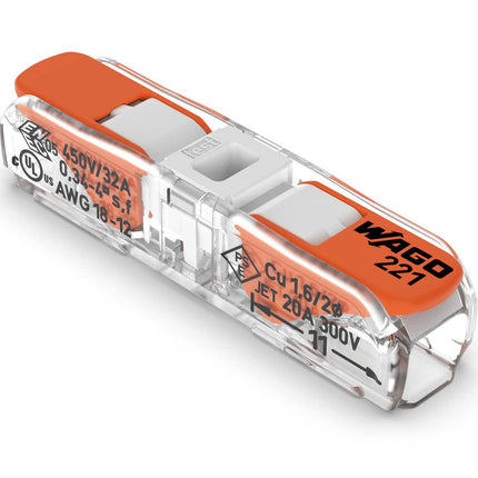 221-2401 | WAGO Lever-Nuts® Inline Splicing Connector | for Solid and Stranded Conductors | 2-Conductor with Operating levers | 20-12 A.W.G. | Transparent housing | White Cover | [Box of 60 Pieces]