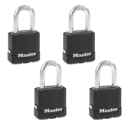 Master Lock Black Key Lock, Heavy Duty Weather Resistant Padlock with Cover, Keyed Alike Padlocks for Outdoor Use, 4 Pack, M115XQLF