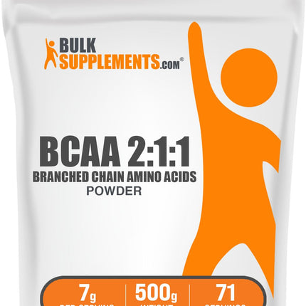 BulkSupplements.com BCAA 2:1:1 Powder - Branched Chain Amino Acids, BCAAs Amino Acids Powder - Unflavored & Gluten Free, 1g per Serving, 500g (1.1 lbs) (Pack of 1)