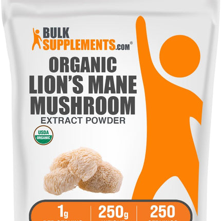BulkSupplements.com Organic Lion's Mane Mushroom Extract Powder - Lions Mane Supplement Powder, Superfood for Well-Being - Vegan, 1g per Serving, 250g (8.8 oz) (Pack of 1)