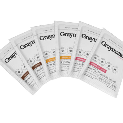 Graymatter Bright Mind Nootropic Powder (6 Travel Packets Variety Pack: Cacao, Tangerine, Strawberry Lemon) – Plant-Based Energy & Focus Drink Mix, Adaptogens & Vitamins, Sugar-Free Daily Supplement