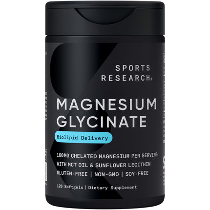 Sports Research® Magnesium Glycinate - Suports Restful Sleep & Enzymatic Processes - 160 mg Chelated Magnesium - Liquid Softgel - 120 Count