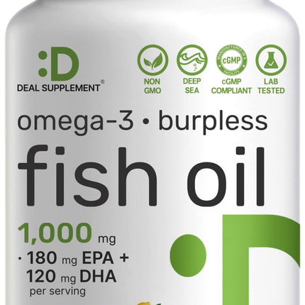Omega-3 Fish Oil Burpless Formula from Wild Caught Deep Sea Fish, 360 Softgels | 1,000 mg Fish Oil with 180 mg EPA & 120 mg DHA per Serving | Natural Lemon Flavor | Non-GMO, cGMP Manufactured