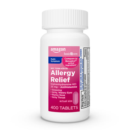 Amazon Basic Care Complete Allergy Relief, Diphenhydramine HCl 25 mg, Easy to Swallow Mini-Tabs, Relieves Sneezing, Itchy Eyes, Runny Nose, Itchy Throat, 400 Count