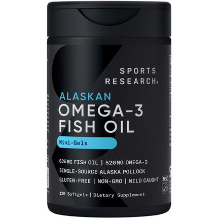 Sports Research® Omega-3 ­­Fish Oil Mini-Softgels - Sourced from Wild Caught Alaska Pollock - Burpless, Bovine Free, Non-GMO, & MSC Certified Sustainable - 120 Count