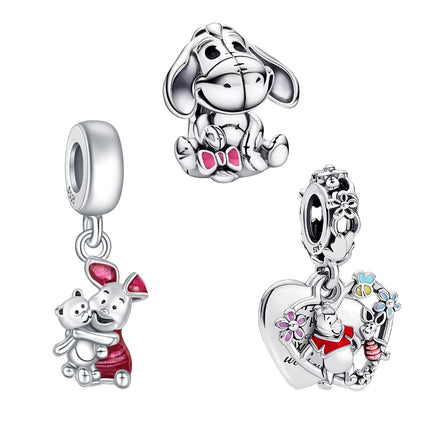 Doyafer 925 Sterling Silver Charms Set Pink Piggy, Bear, Donkey Cartoon Beads Pendant for Women Bracelets Necklace Birthday Gifts 3-Piece/Package